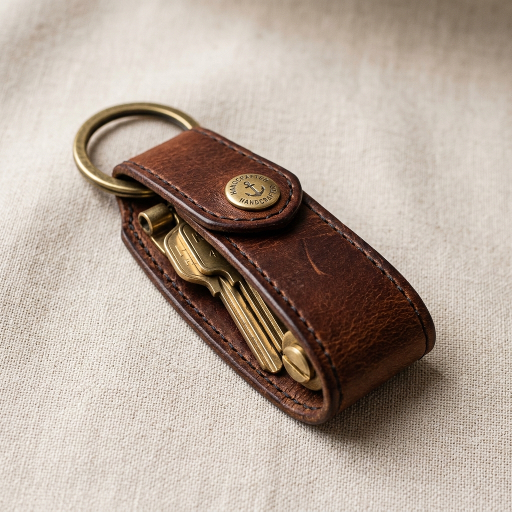 Brown leather key organizer with brass ring and keys