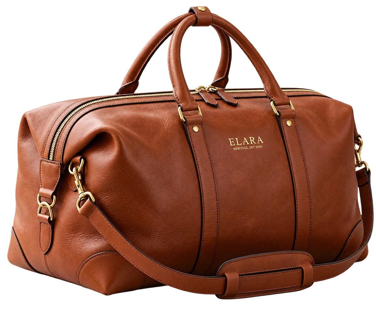 Brown leather travel duffle bag